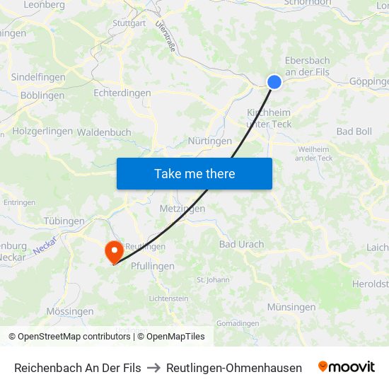 Reichenbach An Der Fils to Reutlingen-Ohmenhausen map