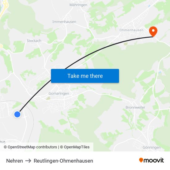 Nehren to Reutlingen-Ohmenhausen map