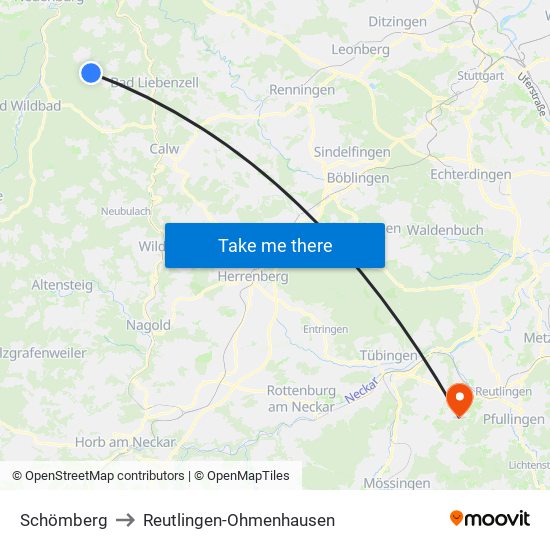 Schömberg to Reutlingen-Ohmenhausen map