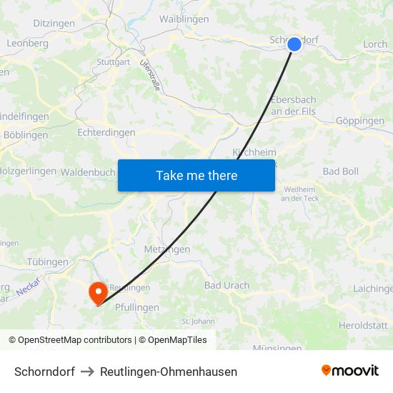 Schorndorf to Reutlingen-Ohmenhausen map