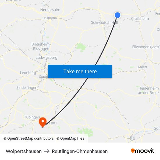 Wolpertshausen to Reutlingen-Ohmenhausen map