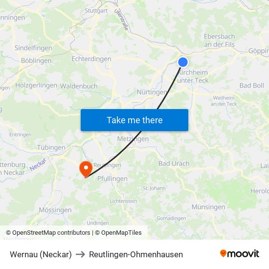 Wernau (Neckar) to Reutlingen-Ohmenhausen map