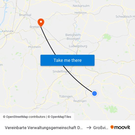 Vereinbarte Verwaltungsgemeinschaft Der Stadt Neuffen to Großvillars map