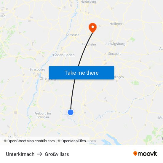 Unterkirnach to Großvillars map