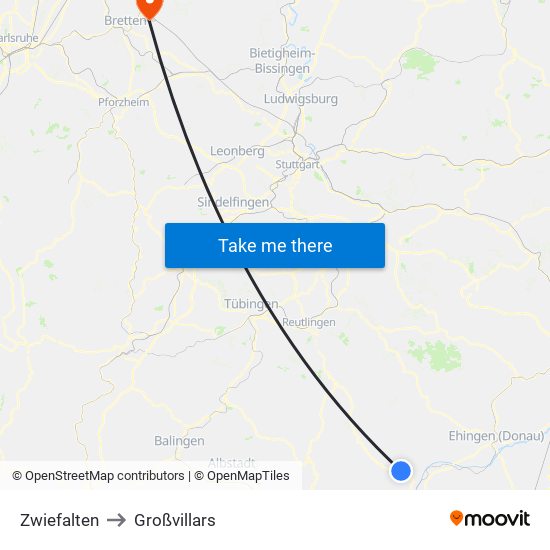 Zwiefalten to Großvillars map