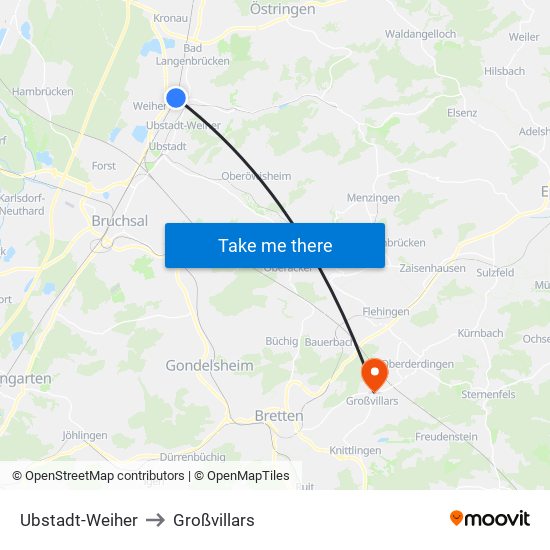 Ubstadt-Weiher to Großvillars map