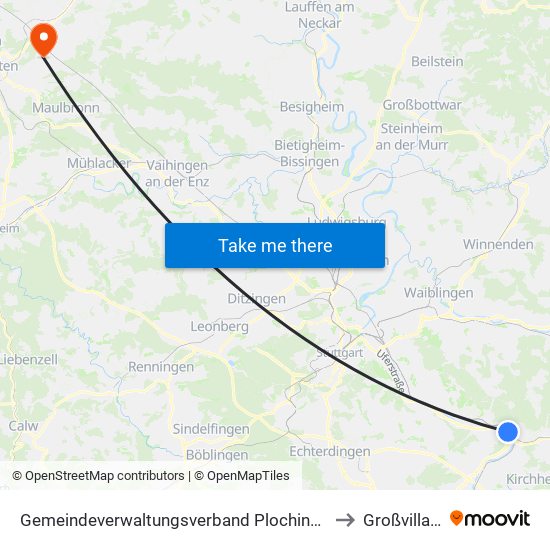 Gemeindeverwaltungsverband Plochingen to Großvillars map