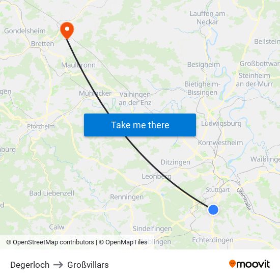 Degerloch to Großvillars map