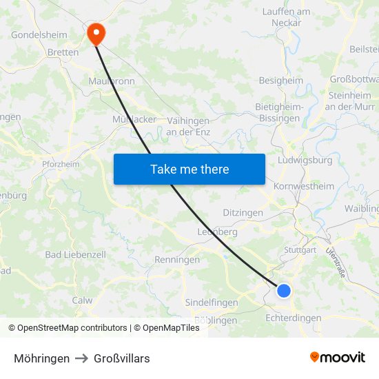 Möhringen to Großvillars map