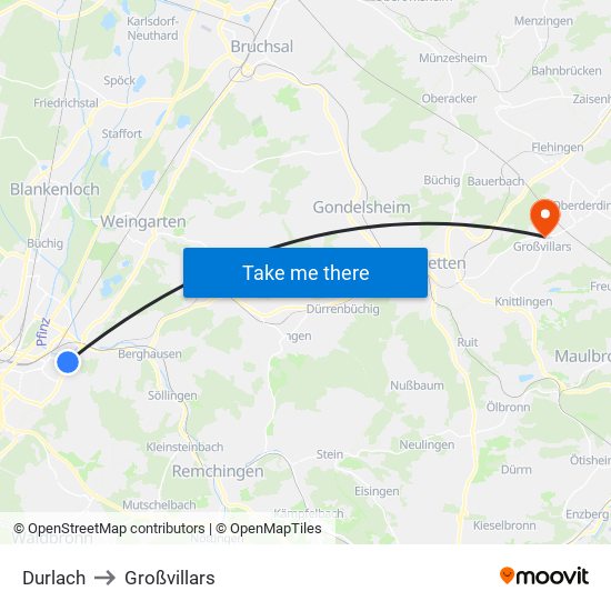 Durlach to Großvillars map