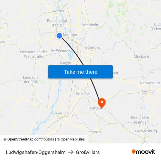 Ludwigshafen-Oggersheim to Großvillars map