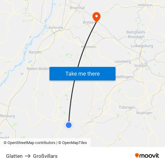 Glatten to Großvillars map