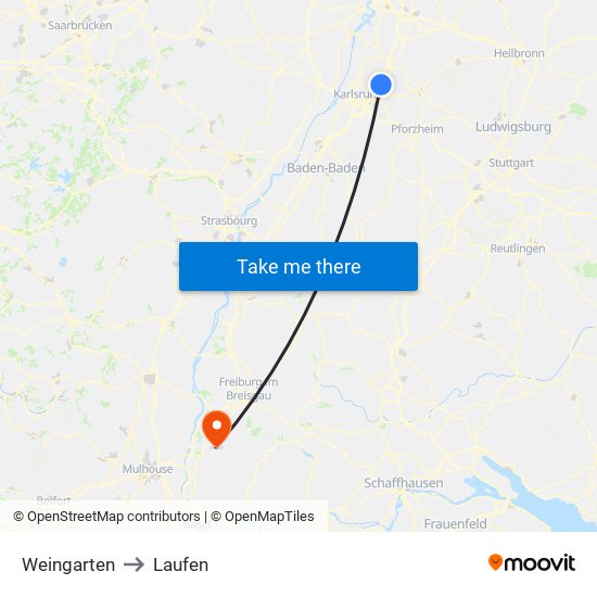 Weingarten to Laufen map