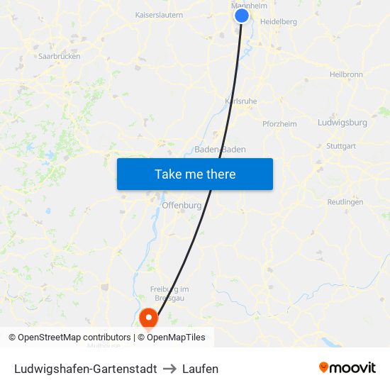 Ludwigshafen-Gartenstadt to Laufen map