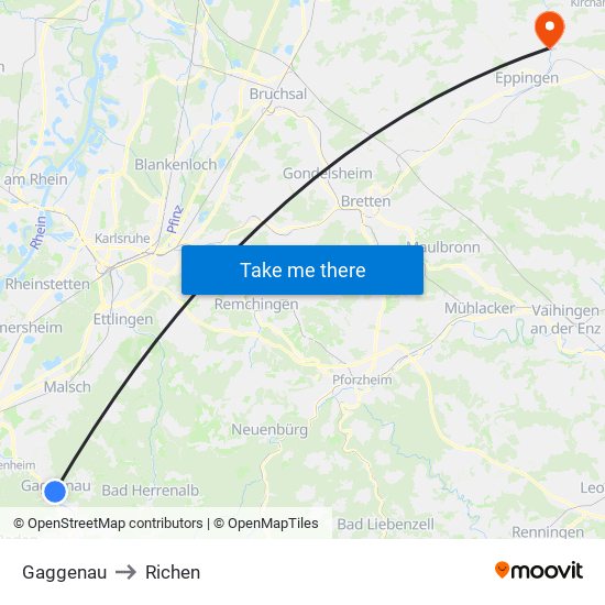 Gaggenau to Richen map