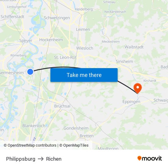 Philippsburg to Richen map