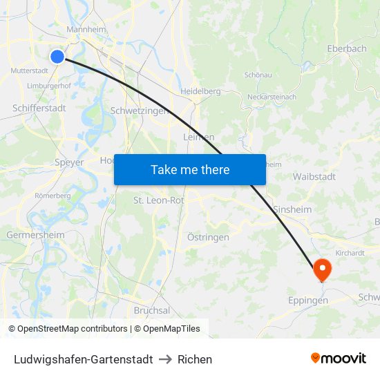 Ludwigshafen-Gartenstadt to Richen map