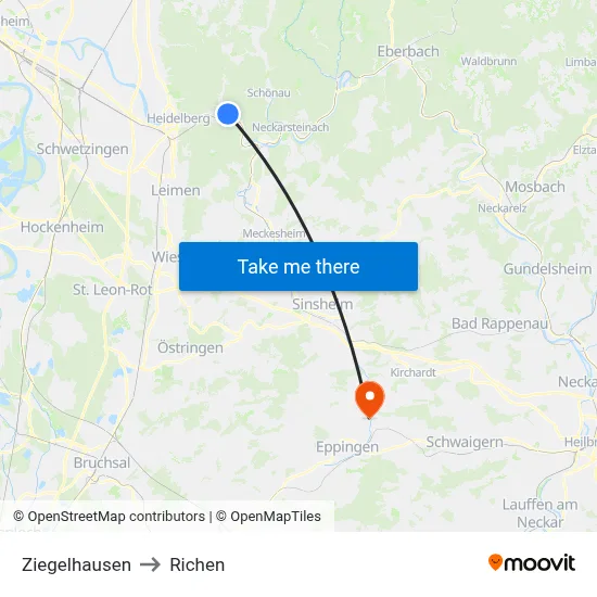 Ziegelhausen to Richen map