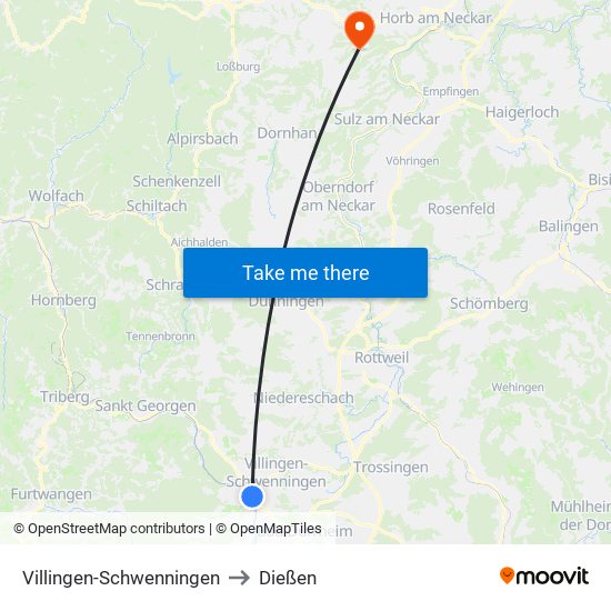 Villingen-Schwenningen to Dießen map