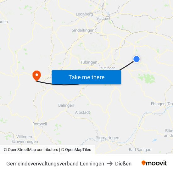 Gemeindeverwaltungsverband Lenningen to Dießen map