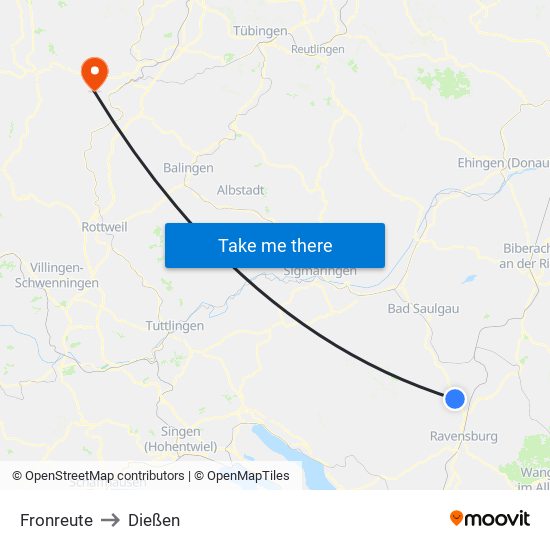 Fronreute to Dießen map