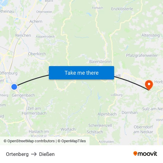 Ortenberg to Dießen map