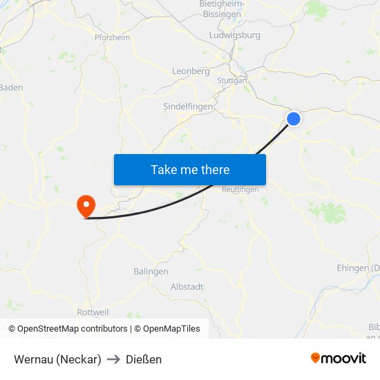 Wernau (Neckar) to Dießen map