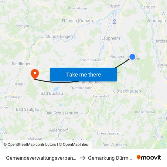 Gemeindeverwaltungsverband Schwendi to Gemarkung Dürmentingen map