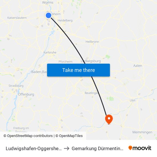 Ludwigshafen-Oggersheim to Gemarkung Dürmentingen map