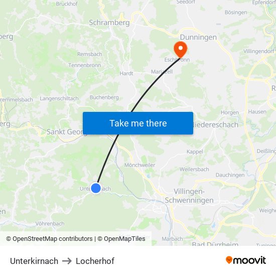 Unterkirnach to Locherhof map