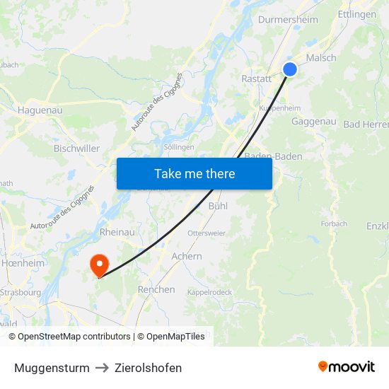 Muggensturm to Zierolshofen map