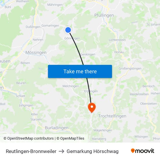 Reutlingen-Bronnweiler to Gemarkung Hörschwag map