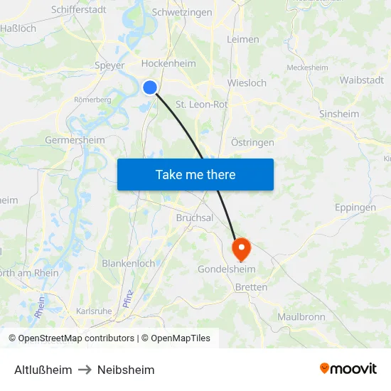 Altlußheim to Neibsheim map