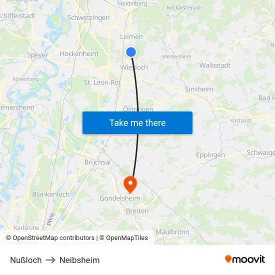 Nußloch to Neibsheim map
