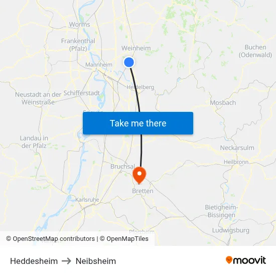 Heddesheim to Neibsheim map