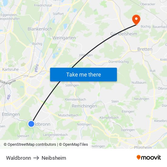 Waldbronn to Neibsheim map