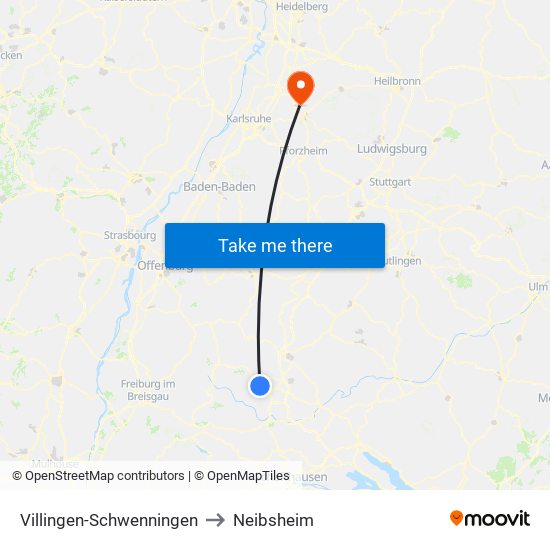 Villingen-Schwenningen to Neibsheim map