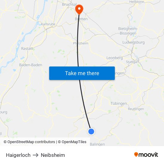 Haigerloch to Neibsheim map