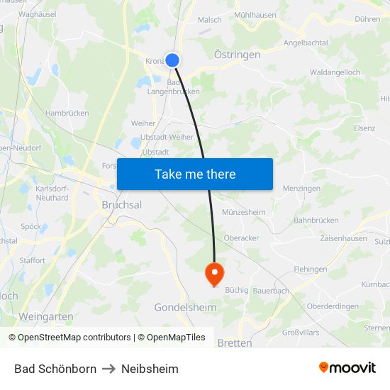 Bad Schönborn to Neibsheim map