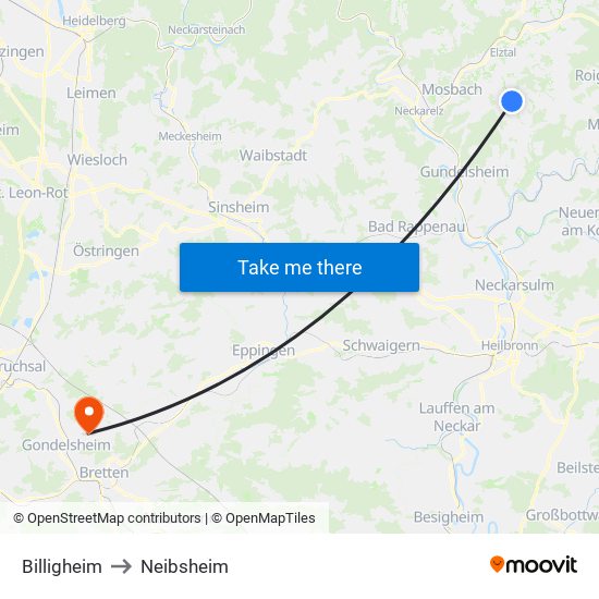 Billigheim to Neibsheim map