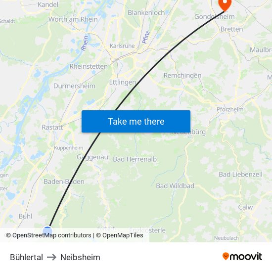 Bühlertal to Neibsheim map