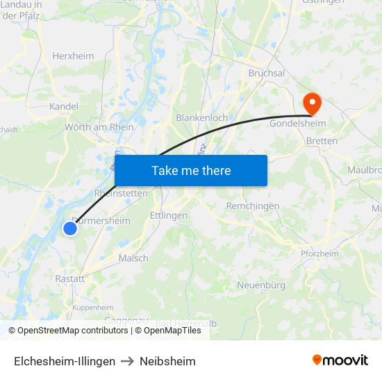 Elchesheim-Illingen to Neibsheim map