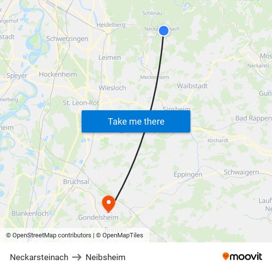 Neckarsteinach to Neibsheim map