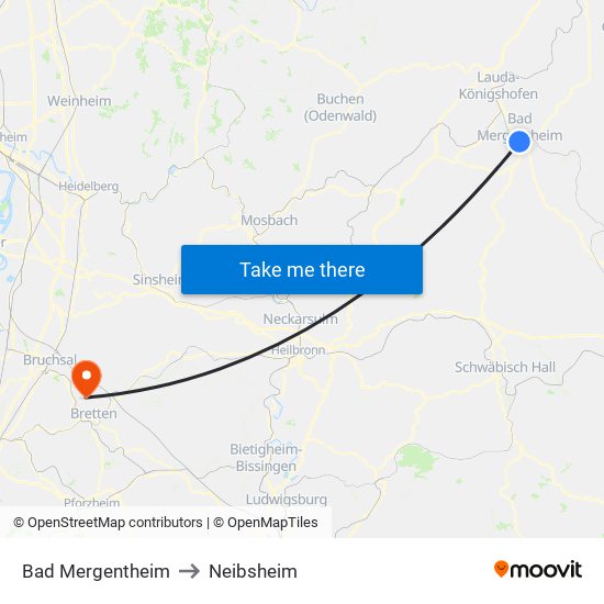 Bad Mergentheim to Neibsheim map