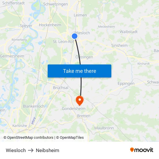 Wiesloch to Neibsheim map