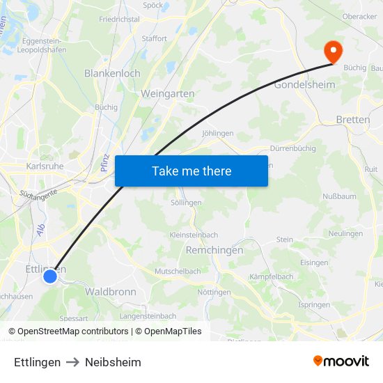 Ettlingen to Neibsheim map