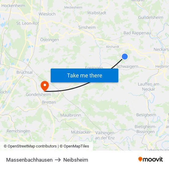 Massenbachhausen to Neibsheim map