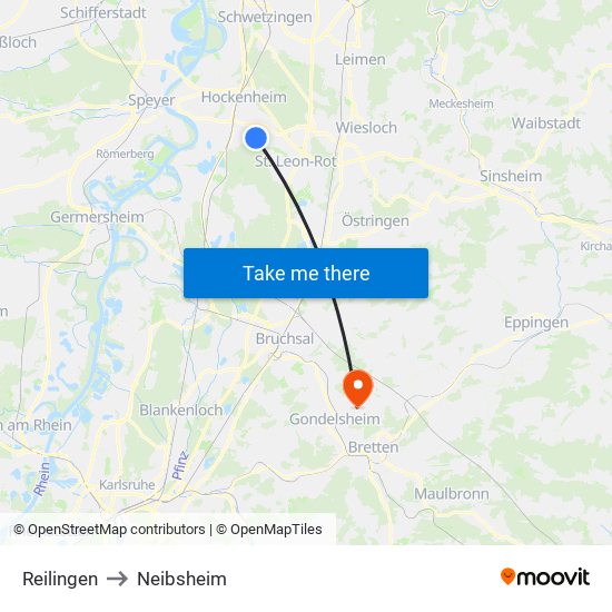 Reilingen to Neibsheim map