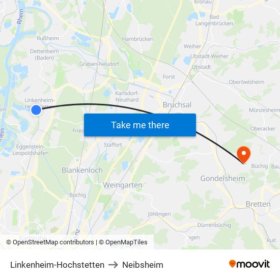 Linkenheim-Hochstetten to Neibsheim map