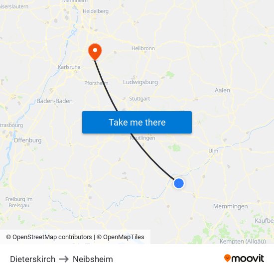 Dieterskirch to Neibsheim map